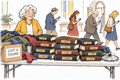 Vintage newspaper cartoon of a church lost-and-found table piled with personalized Bibles as people walk past looking at their phones
