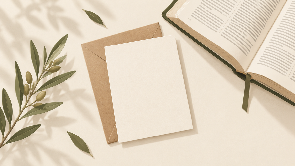 Minimalist illustration of a cream encouragement card and envelope beside an open Bible and olive branches