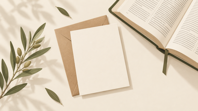 Minimalist illustration of a cream encouragement card and envelope beside an open Bible and olive branches
