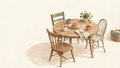 A simple kitchen table with three mismatched chairs, mugs, and bread, ready to welcome a guest.