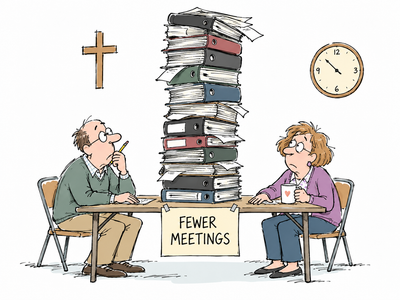 Two weary church volunteers sit beside a towering stack of binders at a table labeled Fewer Meetings.