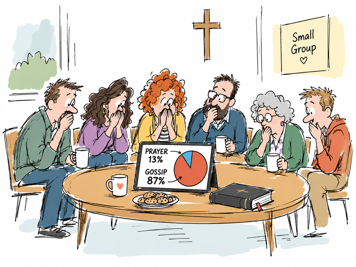 Loose hand-drawn watercolor newspaper-style cartoon of a church small group discovering their AI analysis shows 13 percent prayer and 87 percent gossip