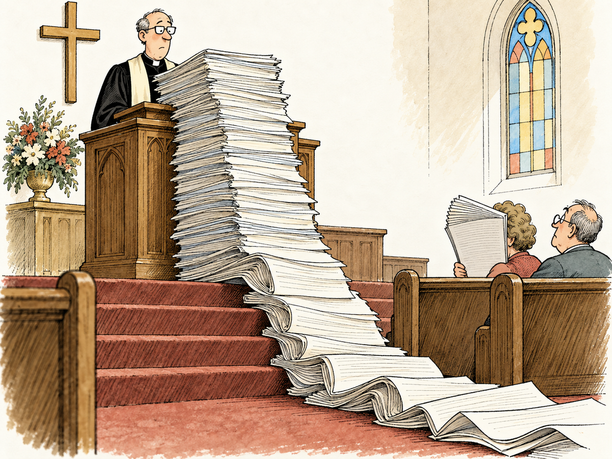 Vintage ink-and-watercolor cartoon of a pastor beside an enormous stack of church bulletin pages cascading into the aisle