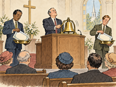 Vintage ink-and-watercolor cartoon of a pastor ringing a stock exchange bell while ushers place certificates in offering plates