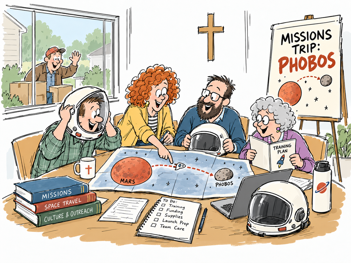 Hand-drawn cartoon of a church missions team planning a trip to Phobos while overlooking a neighbor outside
