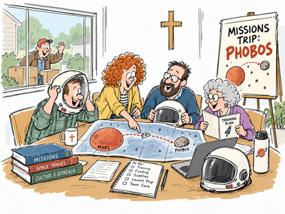 Hand-drawn cartoon of a church missions team planning a trip to Phobos while overlooking a neighbor outside