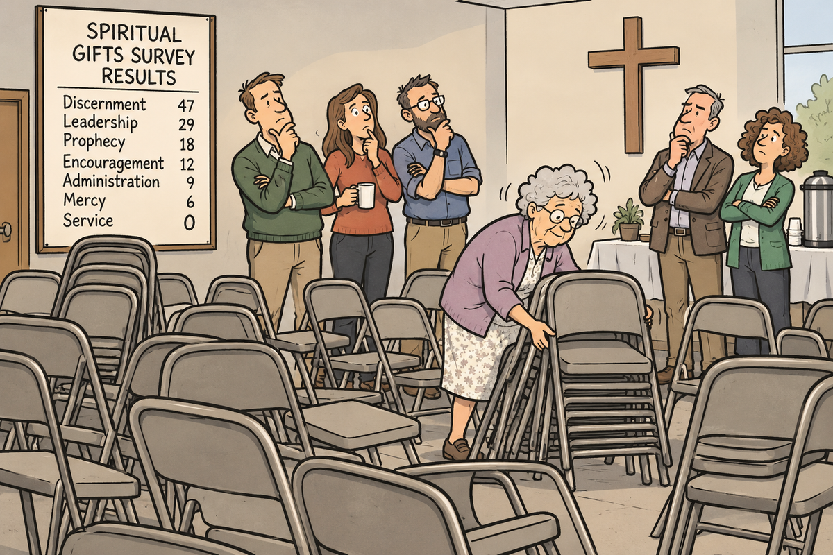 Comic illustration of church members contemplating their spiritual gifts as an elderly church volunteer stacks folding chairs alone