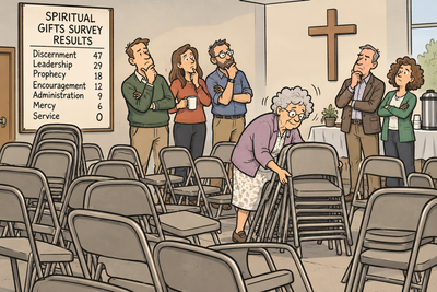 Comic illustration of church members contemplating their spiritual gifts as an elderly church volunteer stacks folding chairs alone