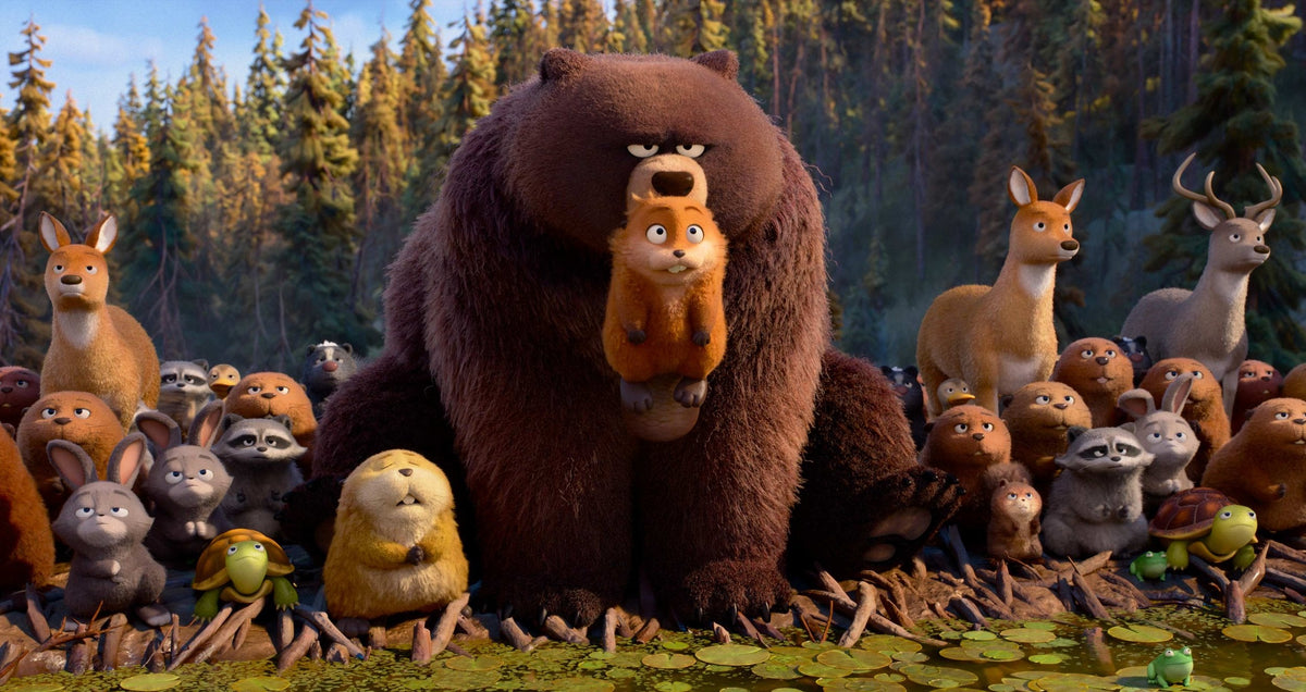 Mabel in her beaver form with a bear and woodland animals in Hoppers (2026), an official Disney/Pixar film still.