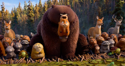 Mabel in her beaver form with a bear and woodland animals in Hoppers (2026), an official Disney/Pixar film still.