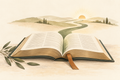 Open Bible with a winding path leading toward a warm sunrise