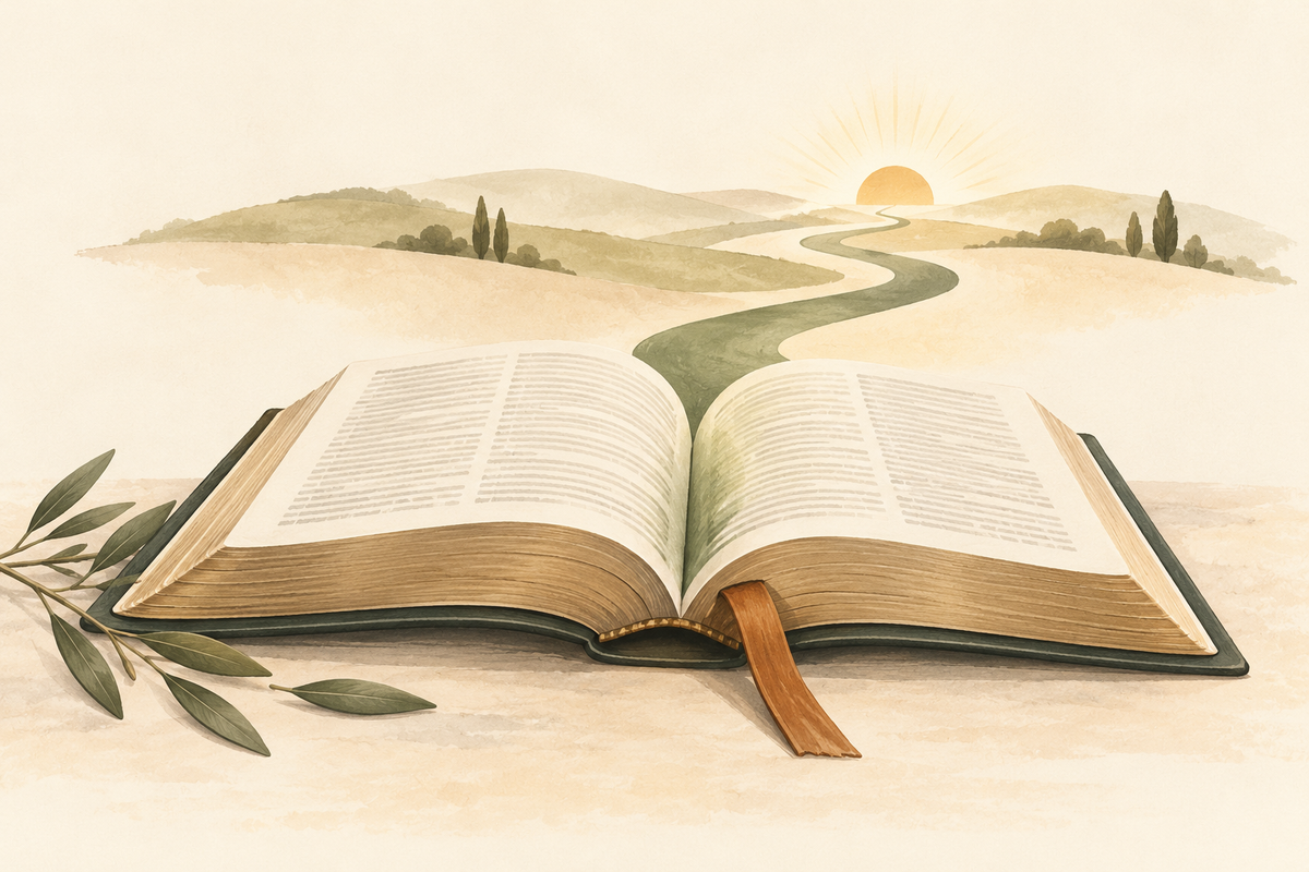 Open Bible with a winding path leading toward a warm sunrise