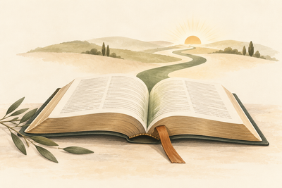 Open Bible with a winding path leading toward a warm sunrise