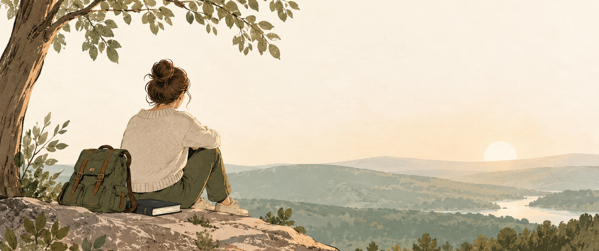 A person resting under a tree and looking toward a quiet valley at sunrise