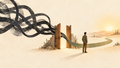 Minimalist illustration of tangled thoughts passing through an open gate and becoming an ordered path toward light