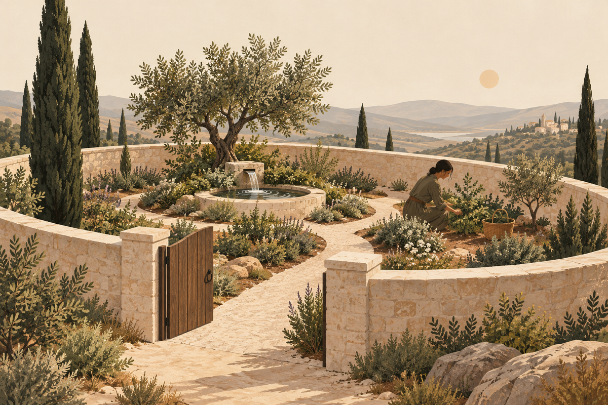 Editorial illustration of an open-gated garden with an olive tree, spring, and gardener