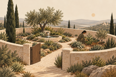 Editorial illustration of an open-gated garden with an olive tree, spring, and gardener
