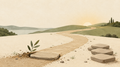 Minimalist illustration of a first stepping stone placed on a path toward dawn, symbolizing faithful action instead of procrastination