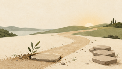 Minimalist illustration of a first stepping stone placed on a path toward dawn, symbolizing faithful action instead of procrastination