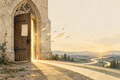 A weathered church door with a single page and warm paths of light spreading across the landscape
