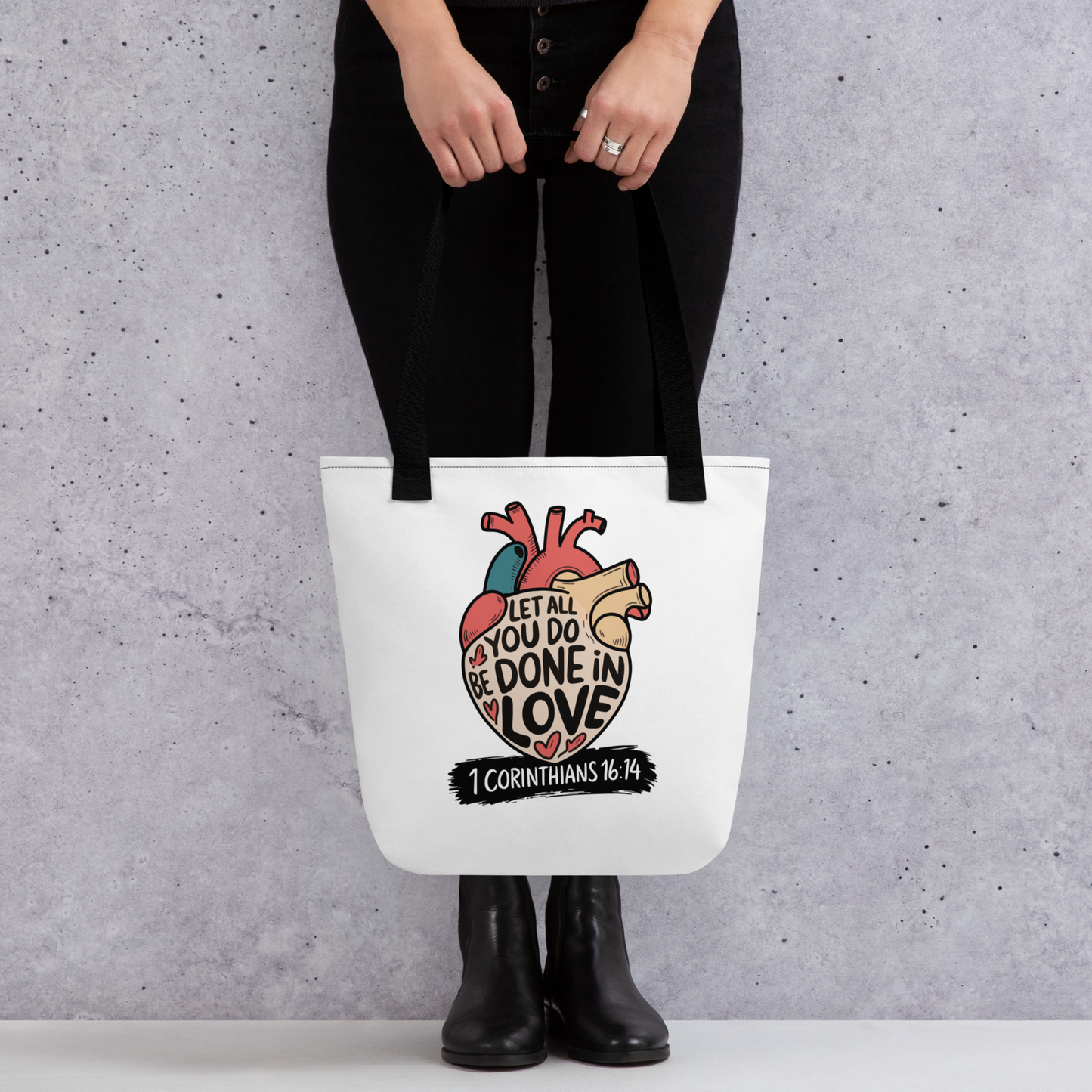 "Done in Love" 1 Corinthians 16:14 Christian Tote Bag